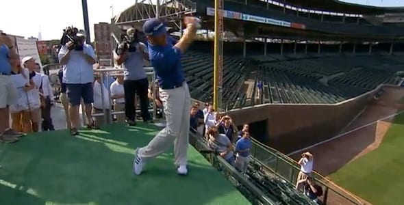 Dustin Johnson And Ernie Banks Play Golf At Wrigley Field